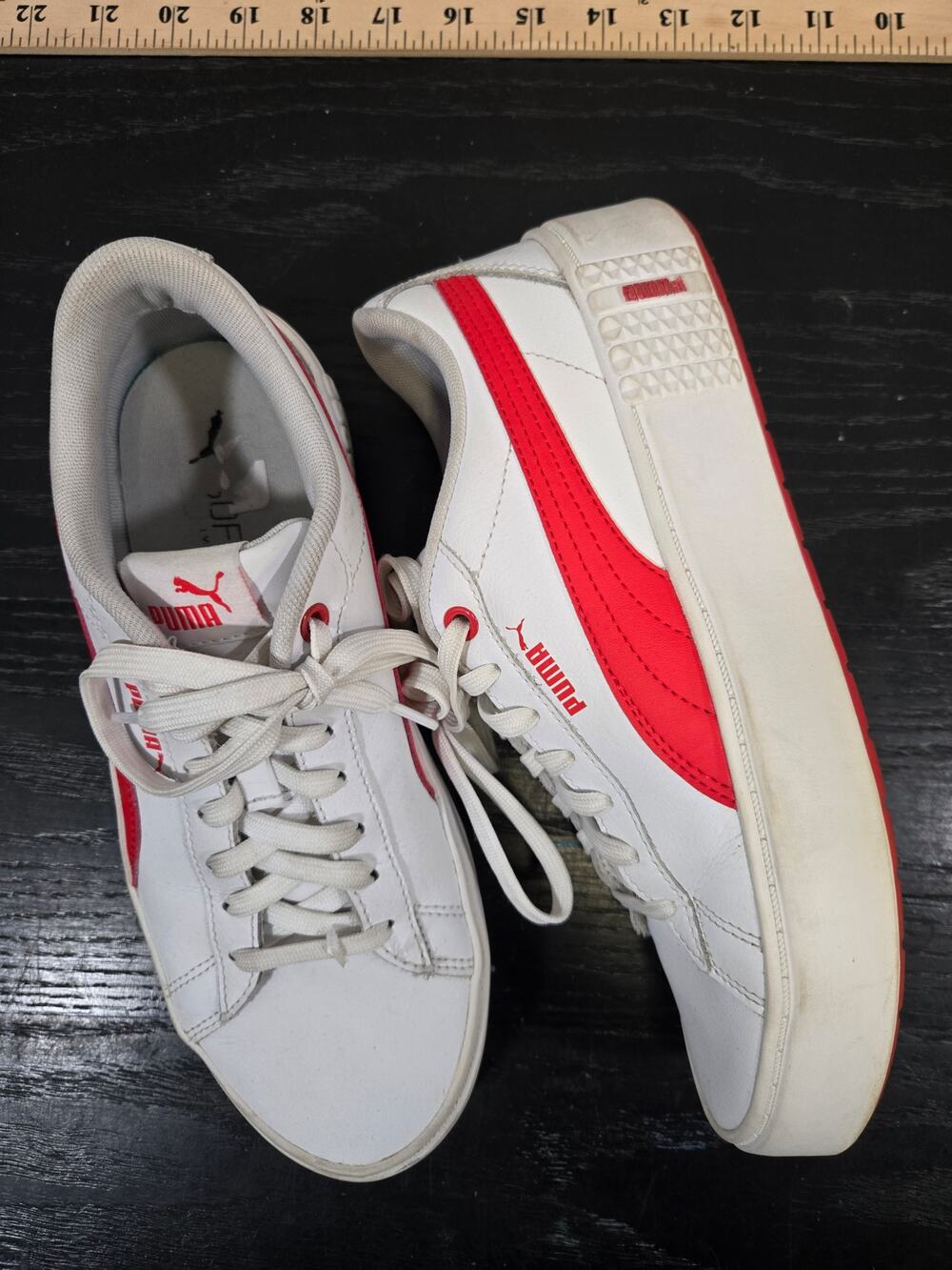 Puma Smash Platform v2 L White Red Leather Sneakers 373035-06 Size 8.5